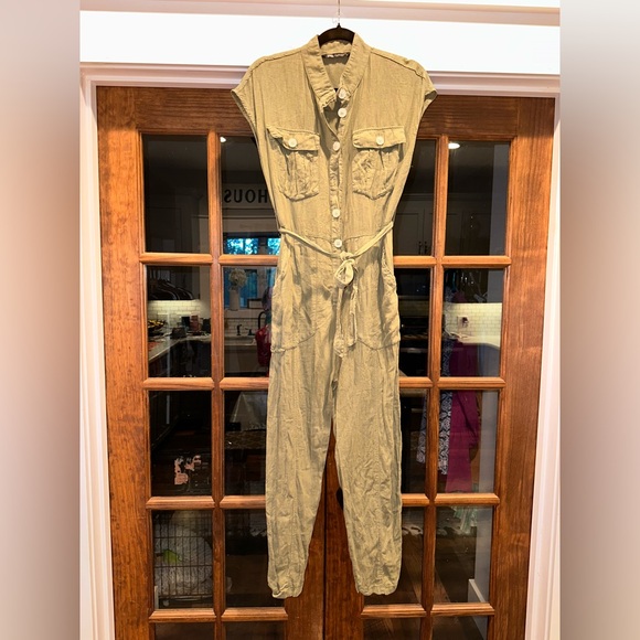 Zara Linen Olive Green Jumpsuit‎ Size Small - Picture 1 of 12